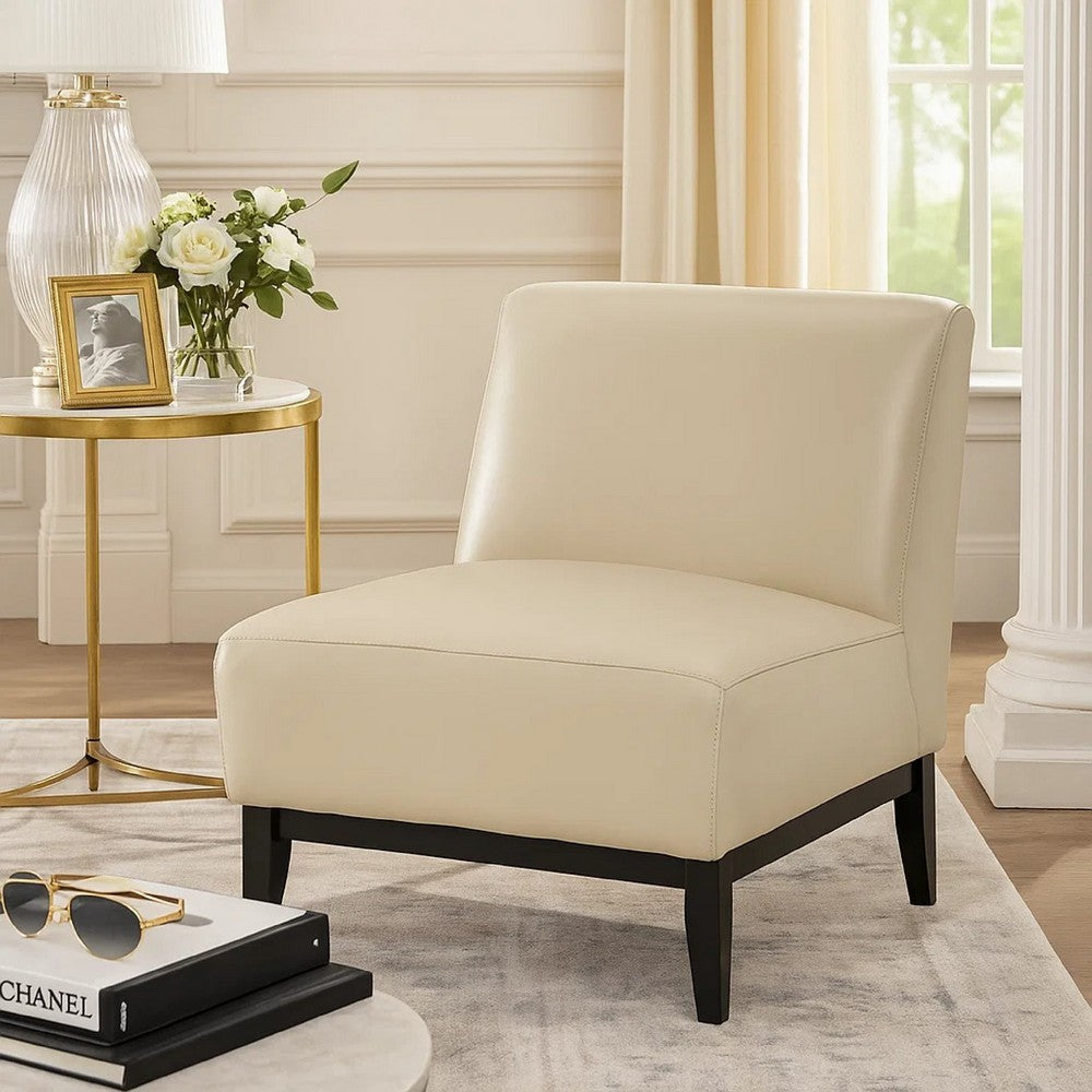 Benjara Hoy Accent Chair, Beige Top Grain Leather, Black Solid Wood Legs