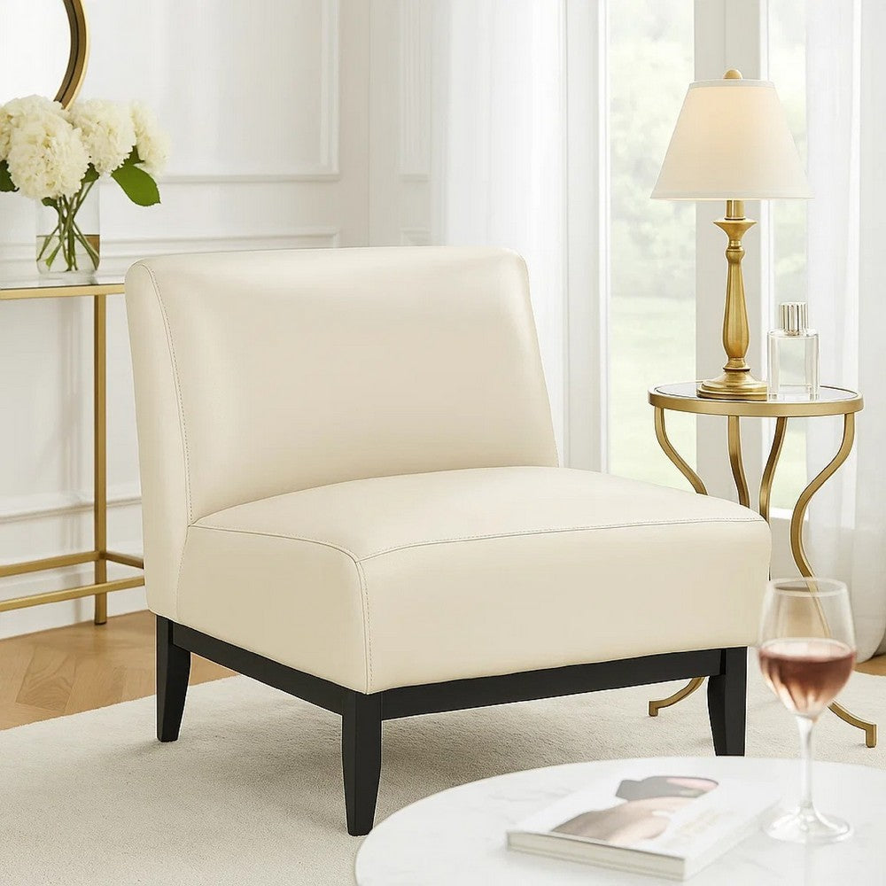 Benjara Hoy Accent Chair, Beige Top Grain Leather, Black Solid Wood Legs