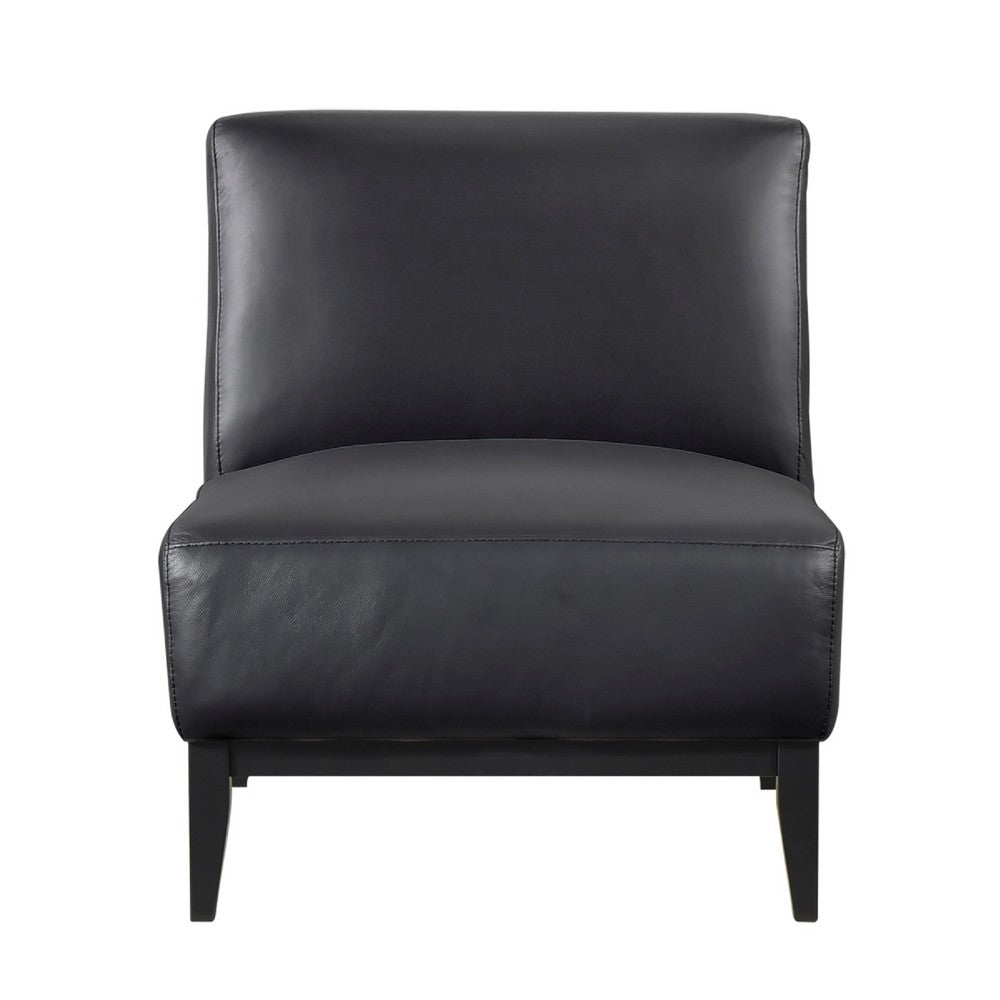 Benjara Hoy Accent Chair, Top Grain Leather Cushions, Black Solid Wood Legs