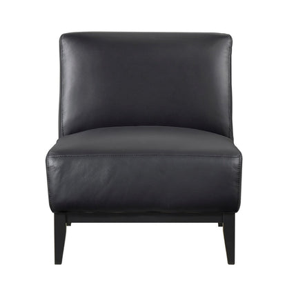 Benjara Hoy Accent Chair, Top Grain Leather Cushions, Black Solid Wood Legs