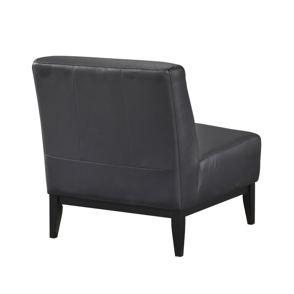 Benjara Hoy Accent Chair, Top Grain Leather Cushions, Black Solid Wood Legs