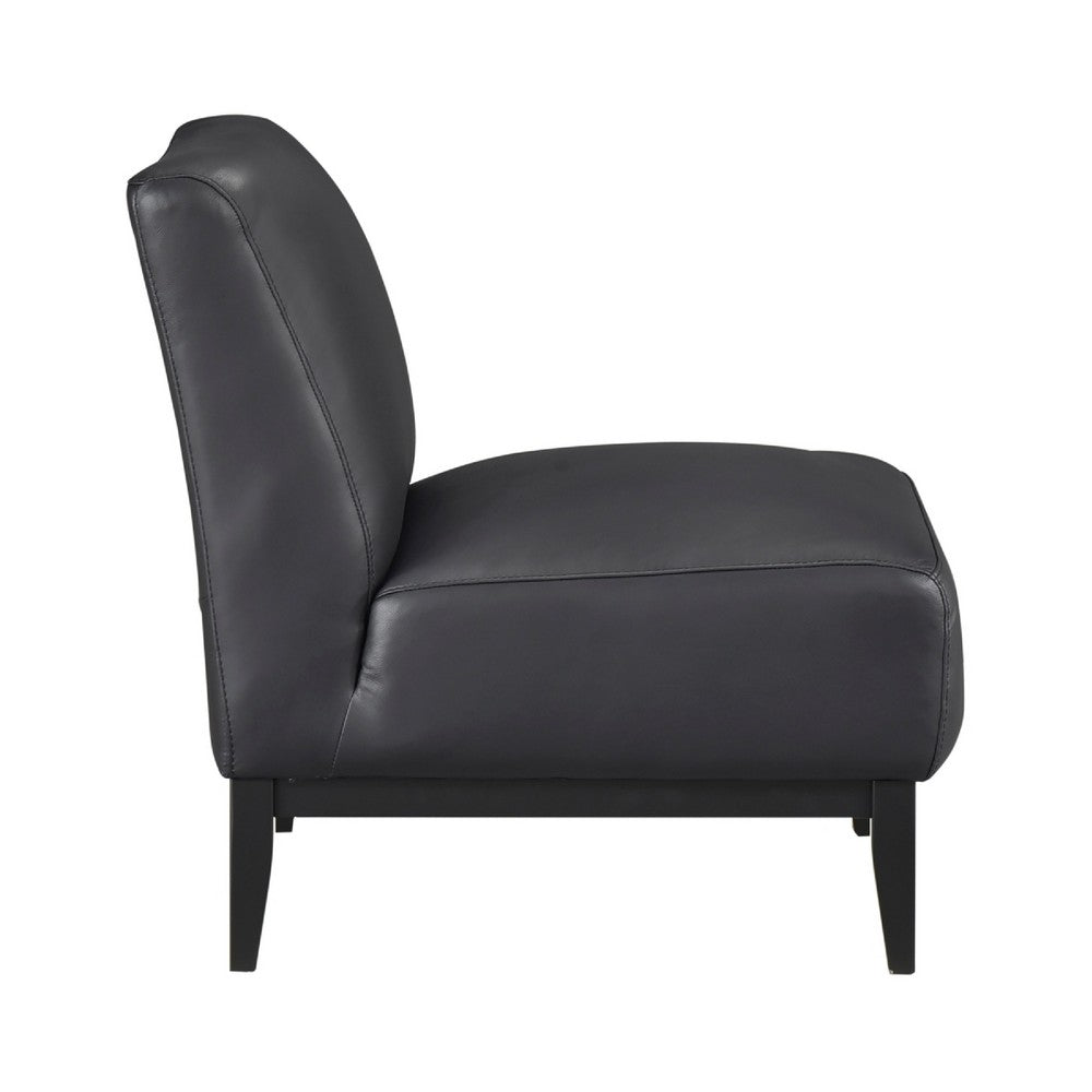Benjara Hoy Accent Chair, Top Grain Leather Cushions, Black Solid Wood Legs