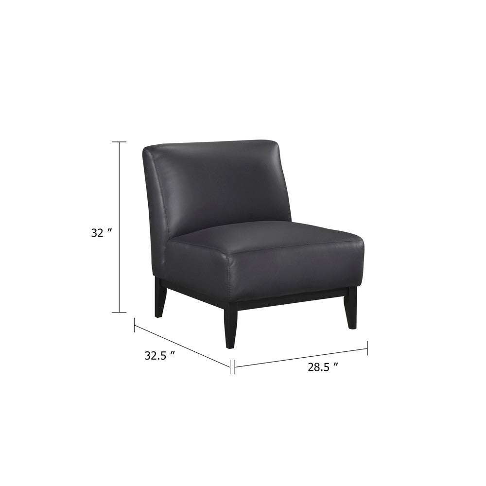 Benjara Hoy Accent Chair, Top Grain Leather Cushions, Black Solid Wood Legs