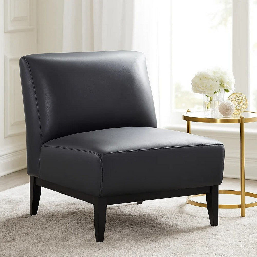 Benjara Hoy Accent Chair, Top Grain Leather Cushions, Black Solid Wood Legs