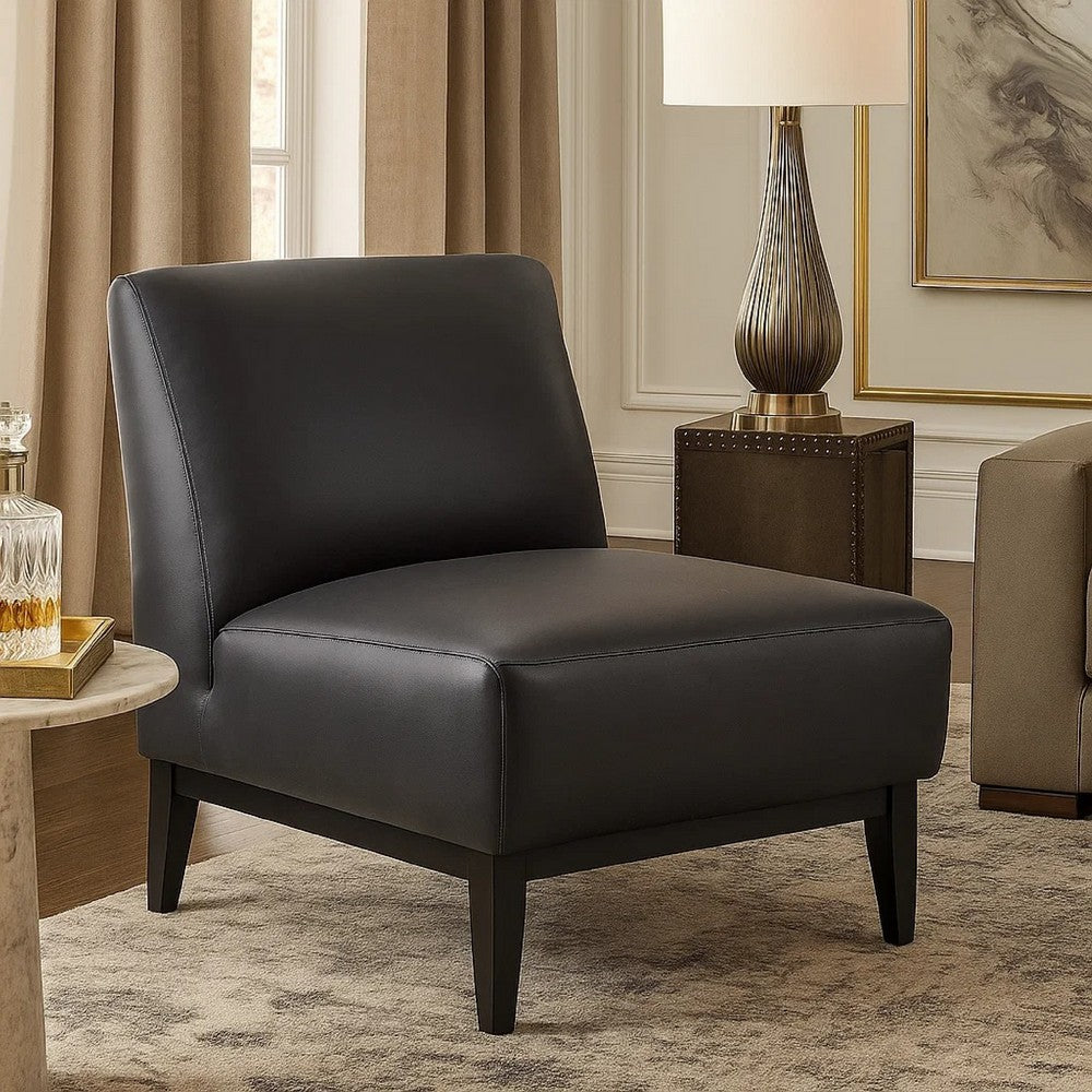 Benjara Hoy Accent Chair, Top Grain Leather Cushions, Black Solid Wood Legs