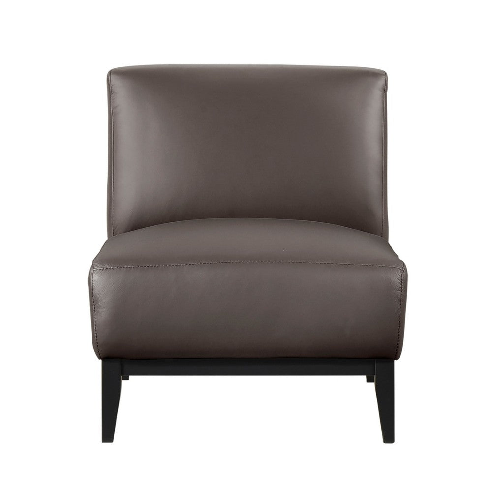 Benjara Hoy Accent Chair, Dark Brown Top Grain Leather, Black Solid Wood Legs