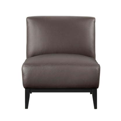 Benjara Hoy Accent Chair, Dark Brown Top Grain Leather, Black Solid Wood Legs