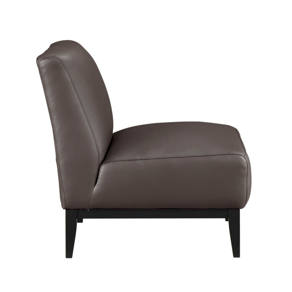 Benjara Hoy Accent Chair, Dark Brown Top Grain Leather, Black Solid Wood Legs