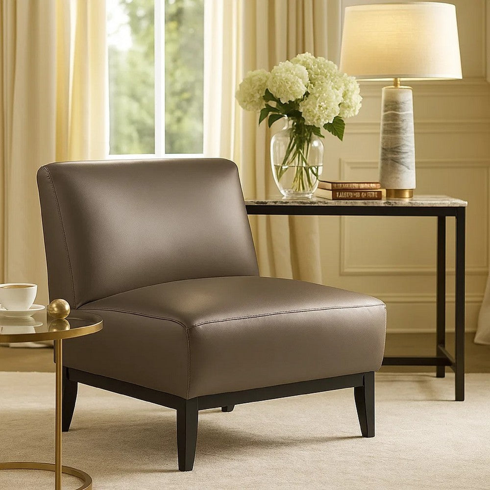 Benjara Hoy Accent Chair, Dark Brown Top Grain Leather, Black Solid Wood Legs