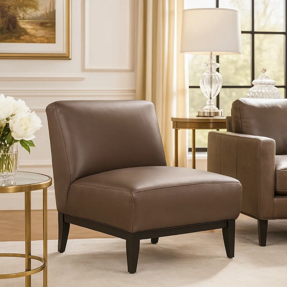 Benjara Hoy Accent Chair, Dark Brown Top Grain Leather, Black Solid Wood Legs