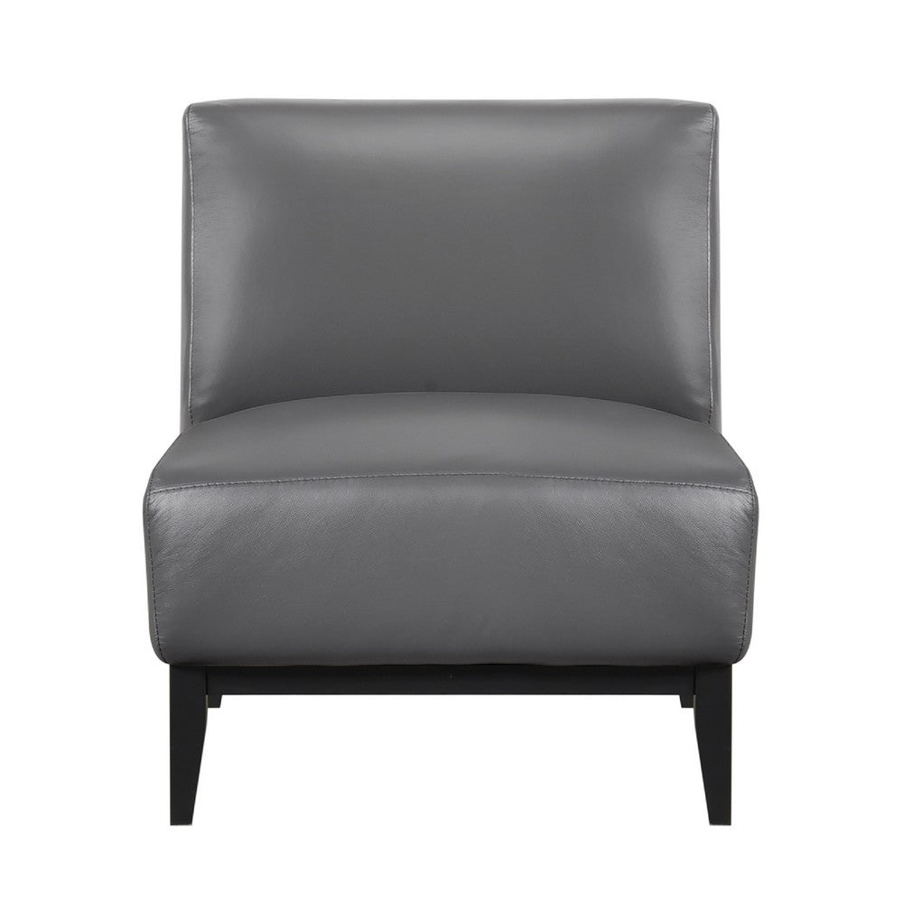 Benjara Hoy Accent Chair, Dark Gray Top Grain Leather, Black Solid Wood Legs