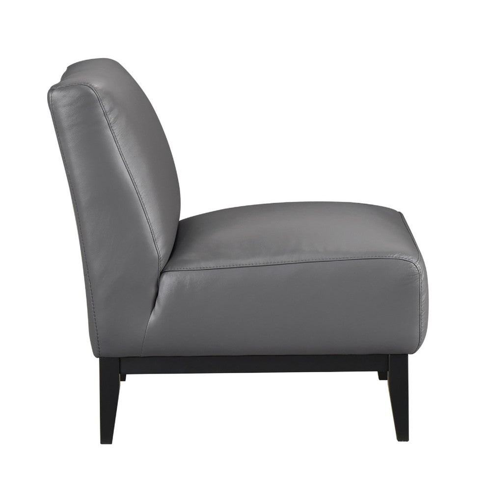 Benjara Hoy Accent Chair, Dark Gray Top Grain Leather, Black Solid Wood Legs