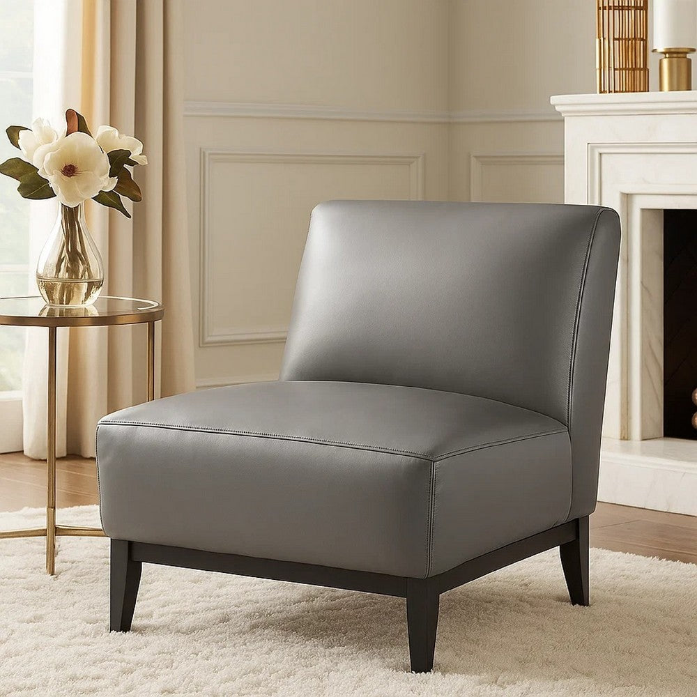 Benjara Hoy Accent Chair, Dark Gray Top Grain Leather, Black Solid Wood Legs