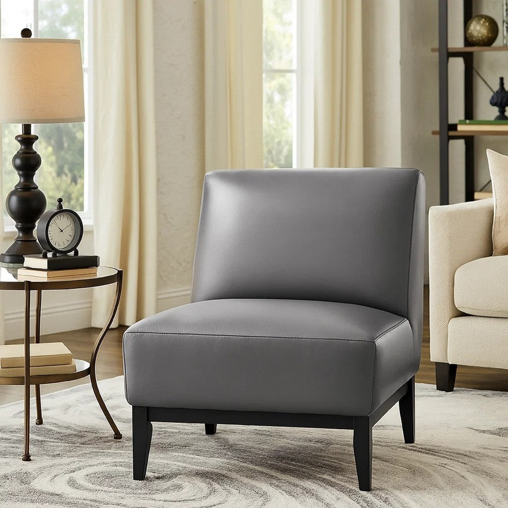 Benjara Hoy Accent Chair, Dark Gray Top Grain Leather, Black Solid Wood Legs