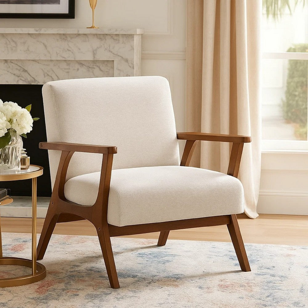 Benjara Ary Armchair, Beige Chenille Cushion, Chestnut Brown Solid Rubberwood