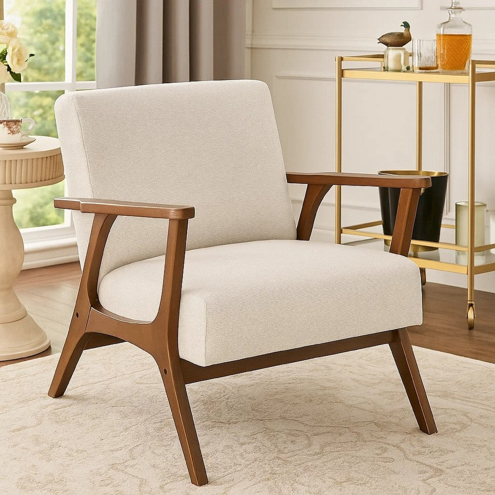 Benjara Ary Armchair, Beige Chenille Cushion, Chestnut Brown Solid Rubberwood