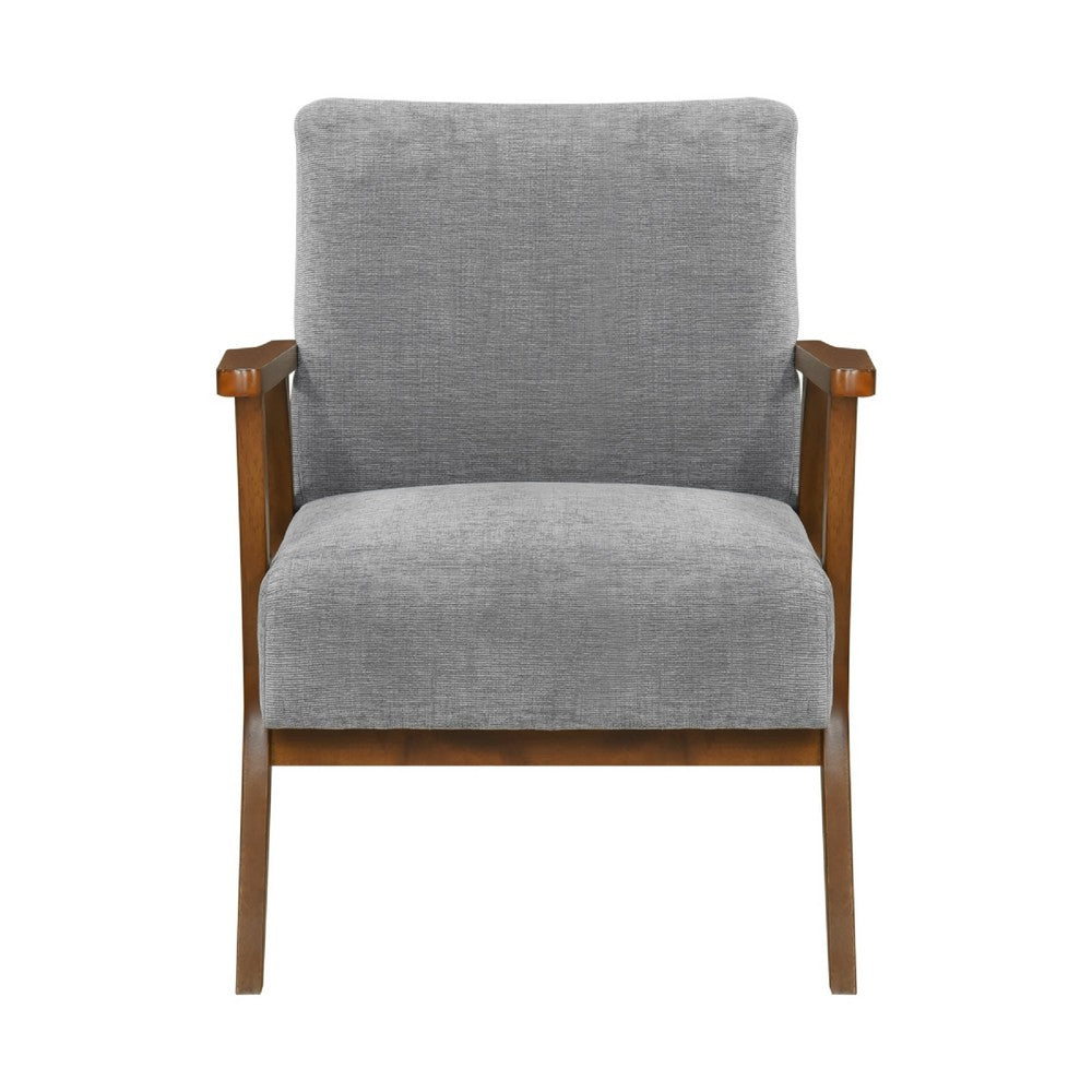Benjara Ary Armchair, Gray Chenille Cushion, Chestnut Brown Solid Rubberwood