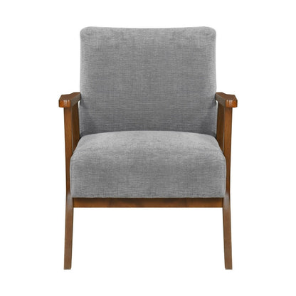 Benjara Ary Armchair, Gray Chenille Cushion, Chestnut Brown Solid Rubberwood