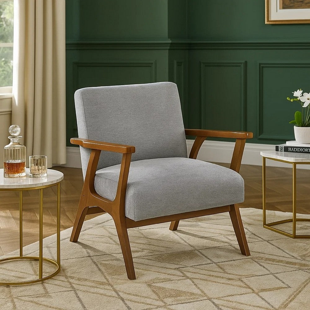 Benjara Ary Armchair, Gray Chenille Cushion, Chestnut Brown Solid Rubberwood