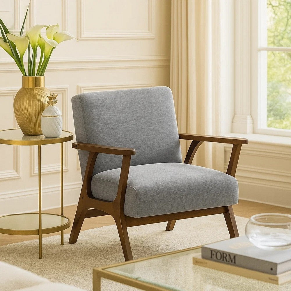 Benjara Ary Armchair, Gray Chenille Cushion, Chestnut Brown Solid Rubberwood