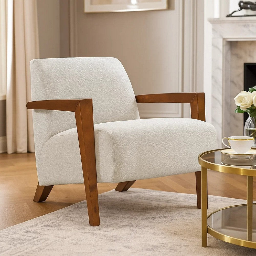 Benjara Demy Accent Armchair, Beige Chenille Cushion, Chestnut Brown Solid Wood