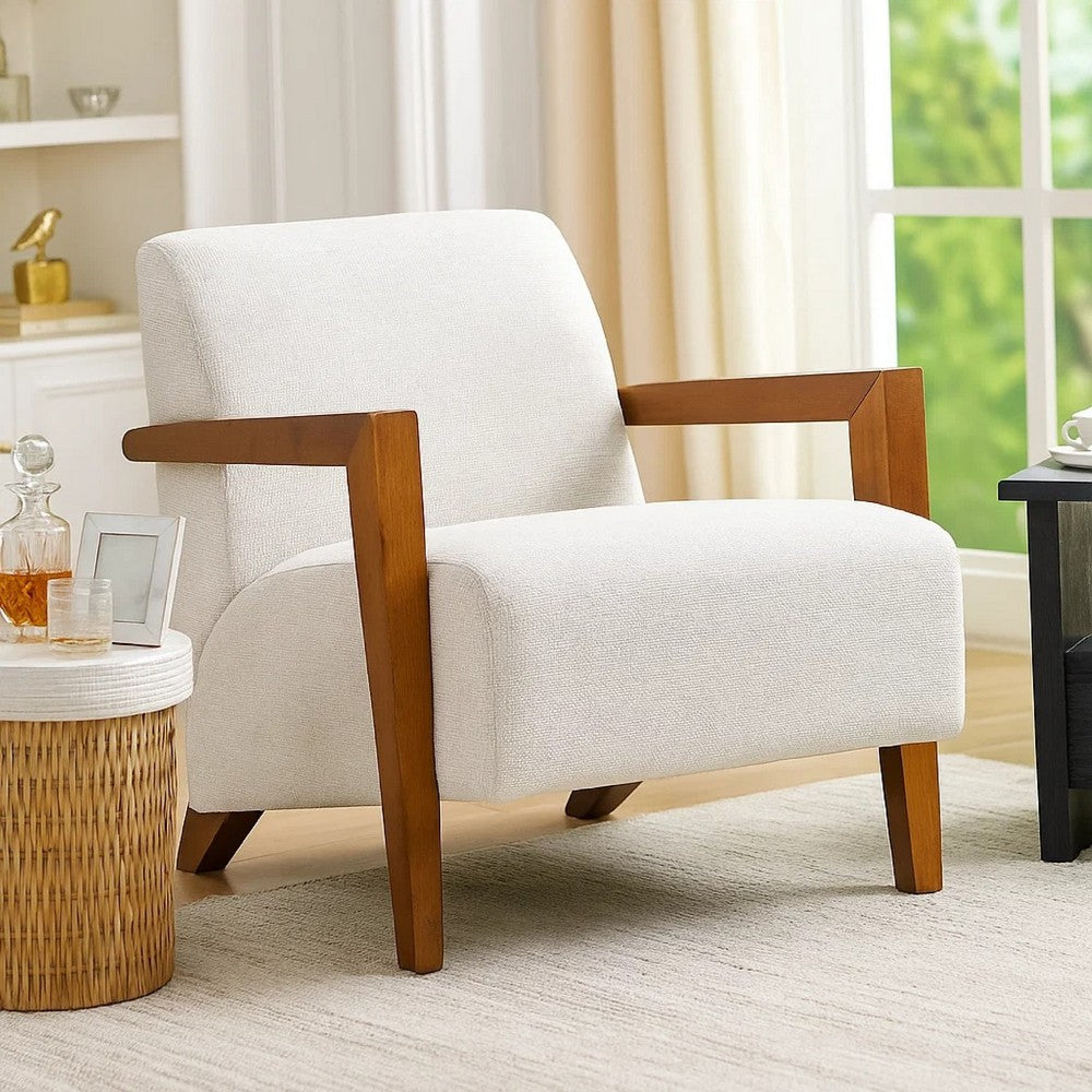 Benjara Demy Accent Armchair, Beige Chenille Cushion, Chestnut Brown Solid Wood