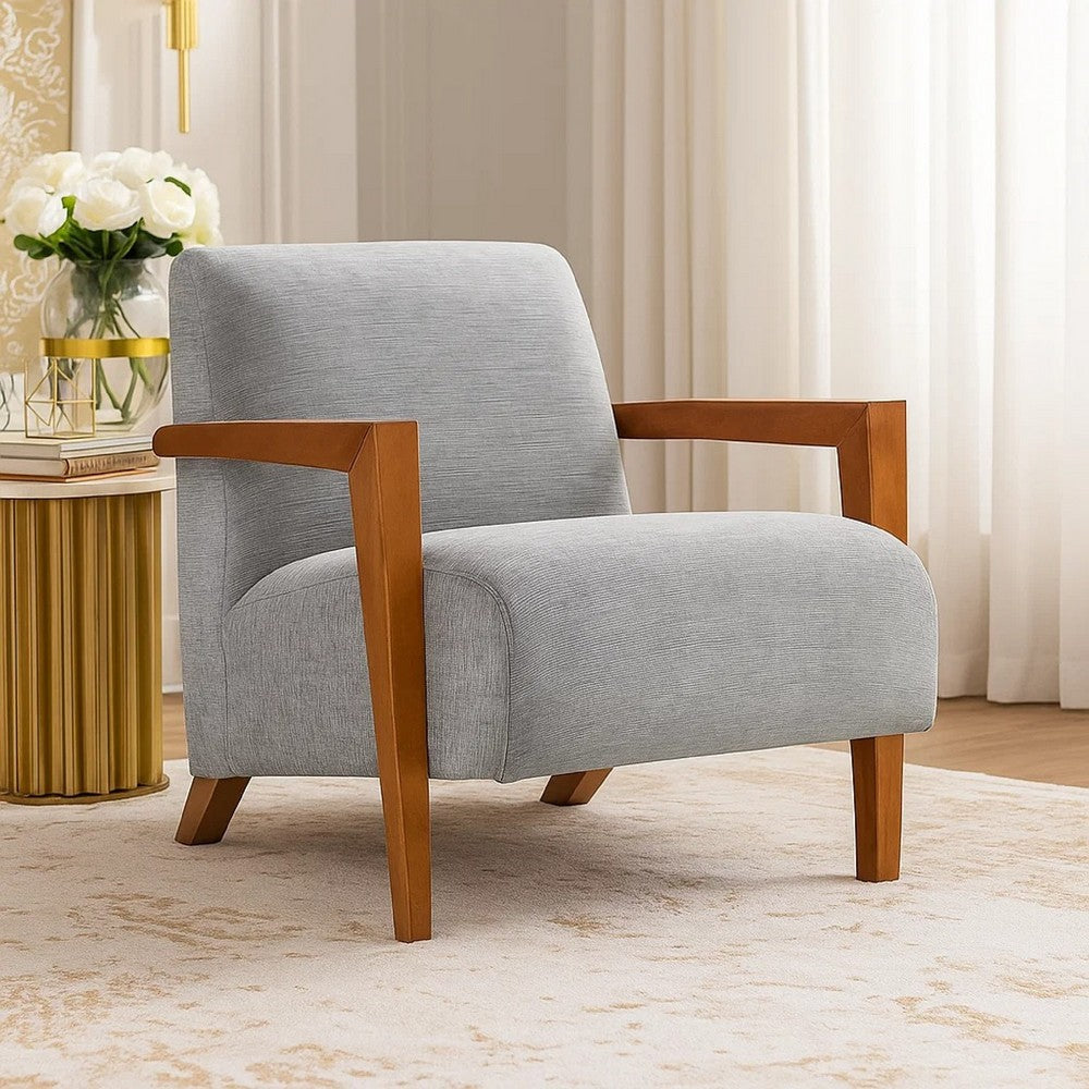 Benjara Demy Accent Armchair, Gray Chenille Cushion, Chestnut Brown Solid Wood