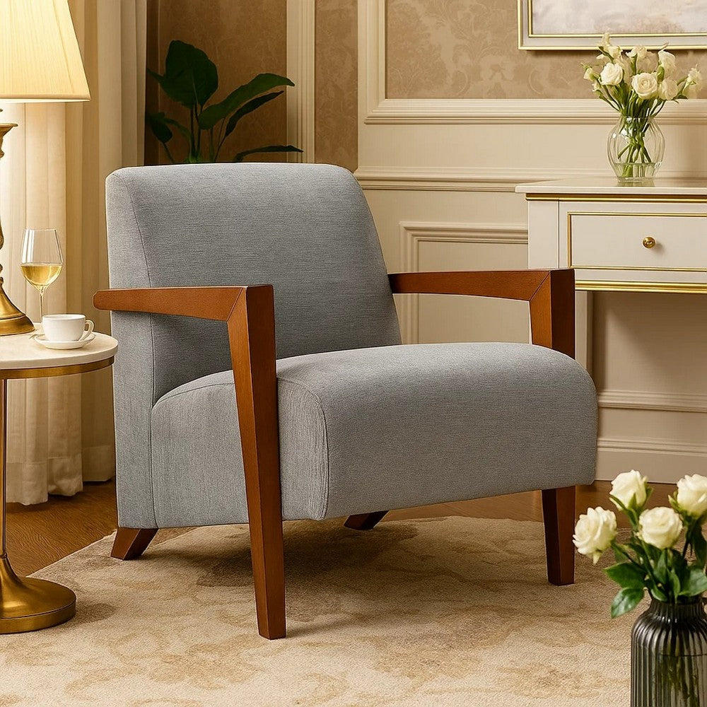 Benjara Demy Accent Armchair, Gray Chenille Cushion, Chestnut Brown Solid Wood