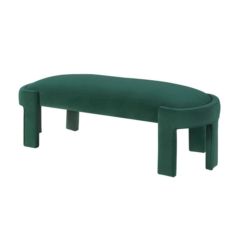 Benjara Fery Modern Bench with Curved Edges, Green Velvet Upholstery, 54 Inch