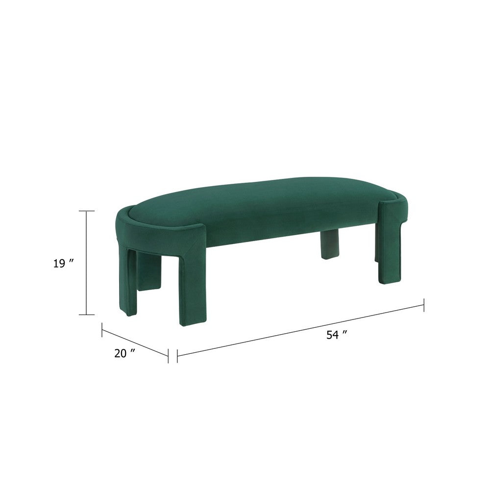 Benjara Fery Modern Bench with Curved Edges, Green Velvet Upholstery, 54 Inch