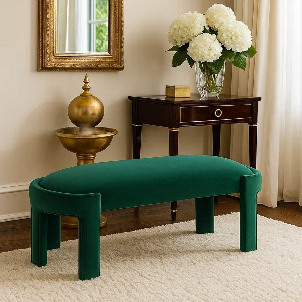Benjara Fery Modern Bench with Curved Edges, Green Velvet Upholstery, 54 Inch