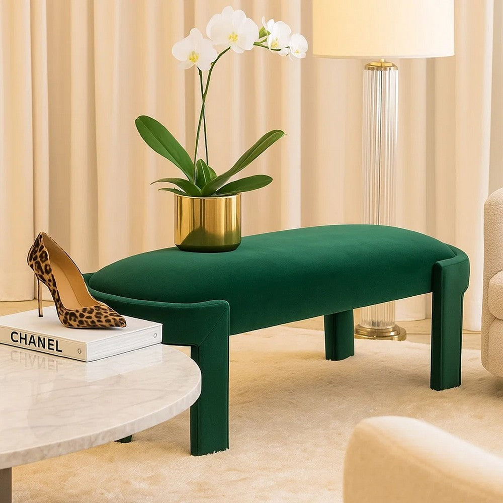 Benjara Fery Modern Bench with Curved Edges, Green Velvet Upholstery, 54 Inch