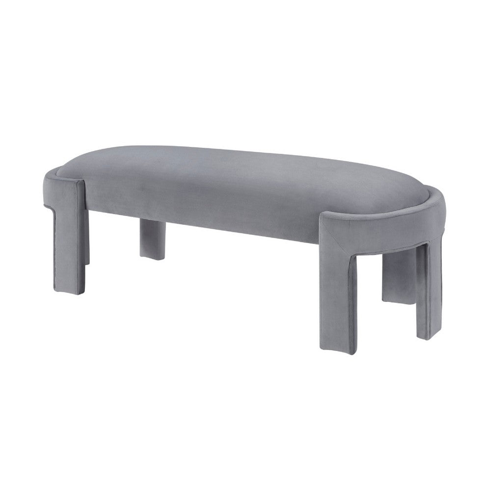 Benjara Fery Modern Bench with Curved Edges, Gray Velvet Upholstery, 54 Inch