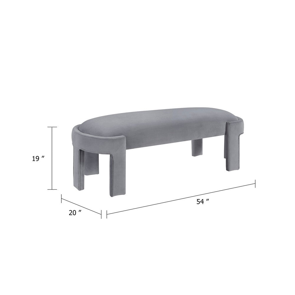 Benjara Fery Modern Bench with Curved Edges, Gray Velvet Upholstery, 54 Inch
