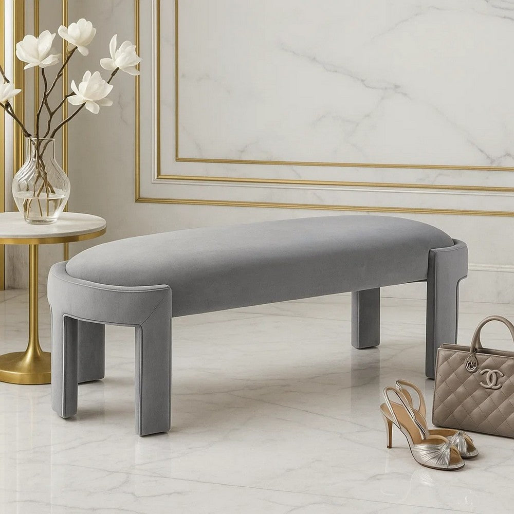 Benjara Fery Modern Bench with Curved Edges, Gray Velvet Upholstery, 54 Inch