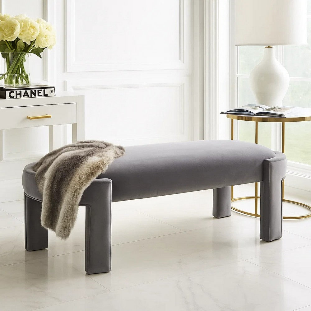 Benjara Fery Modern Bench with Curved Edges, Gray Velvet Upholstery, 54 Inch