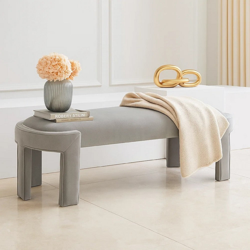Benjara Fery Modern Bench with Curved Edges, Taupe Velvet Upholstery, 54 Inch
