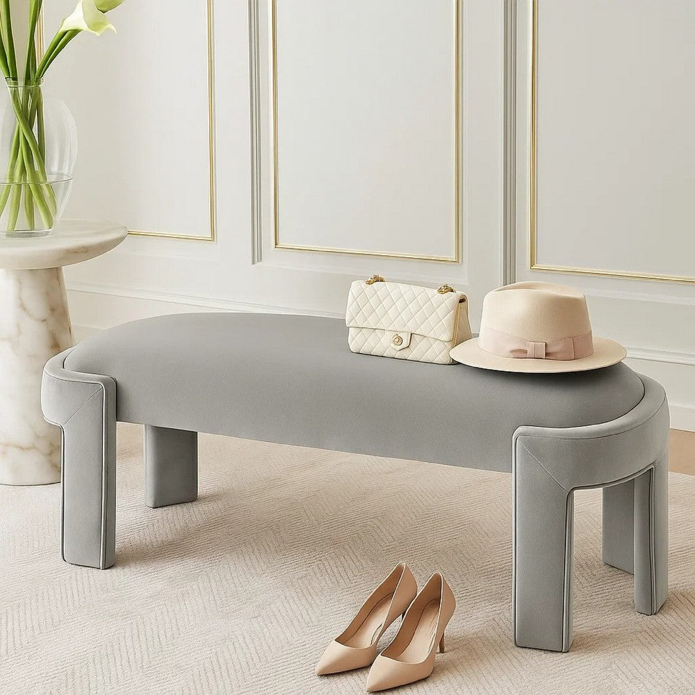 Benjara Fery Modern Bench with Curved Edges, Taupe Velvet Upholstery, 54 Inch