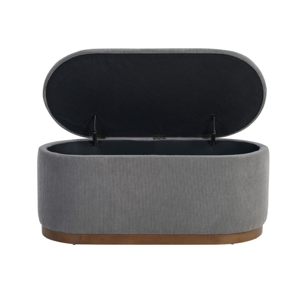 Benjara Sio Storage Bench, Ribbed Gray Corduroy, 43 Inch Walnut Brown Wood