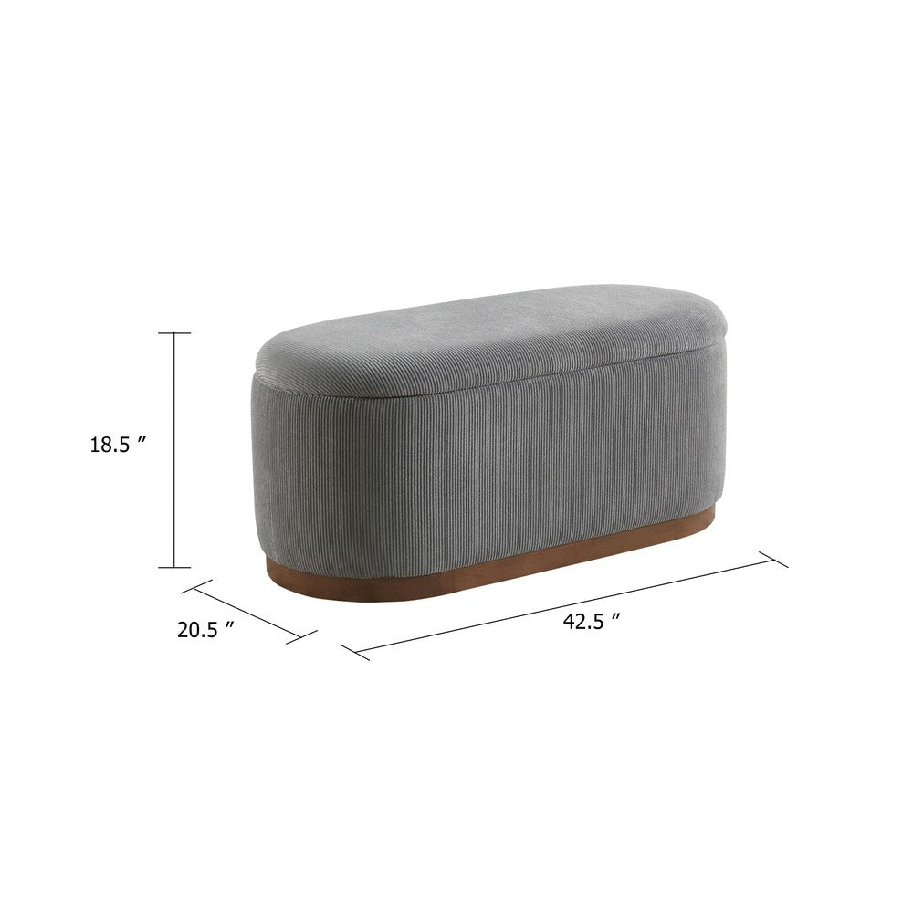 Benjara Sio Storage Bench, Ribbed Gray Corduroy, 43 Inch Walnut Brown Wood
