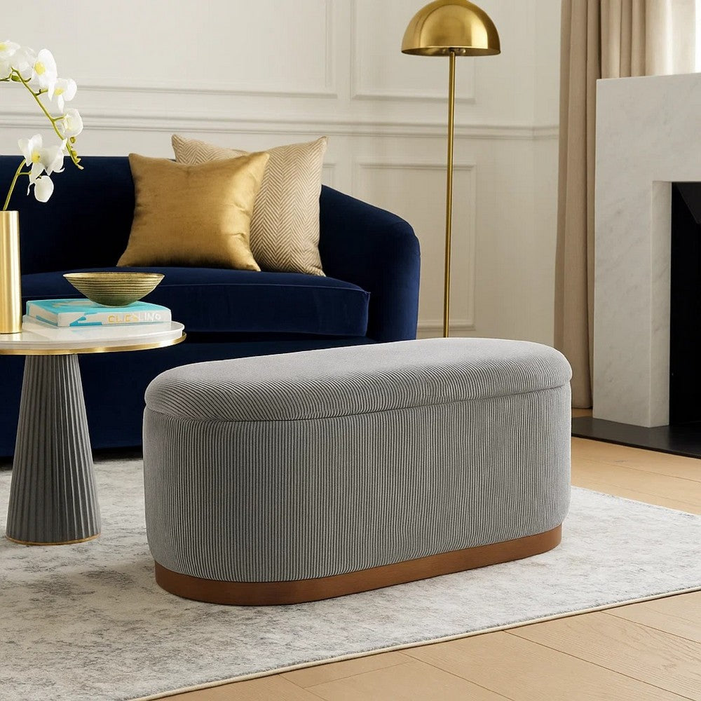 Benjara Sio Storage Bench, Ribbed Gray Corduroy, 43 Inch Walnut Brown Wood