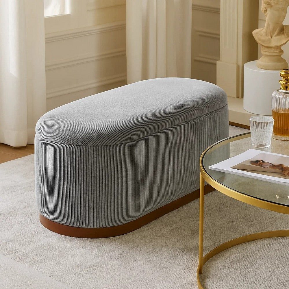 Benjara Sio Storage Bench, Ribbed Gray Corduroy, 43 Inch Walnut Brown Wood