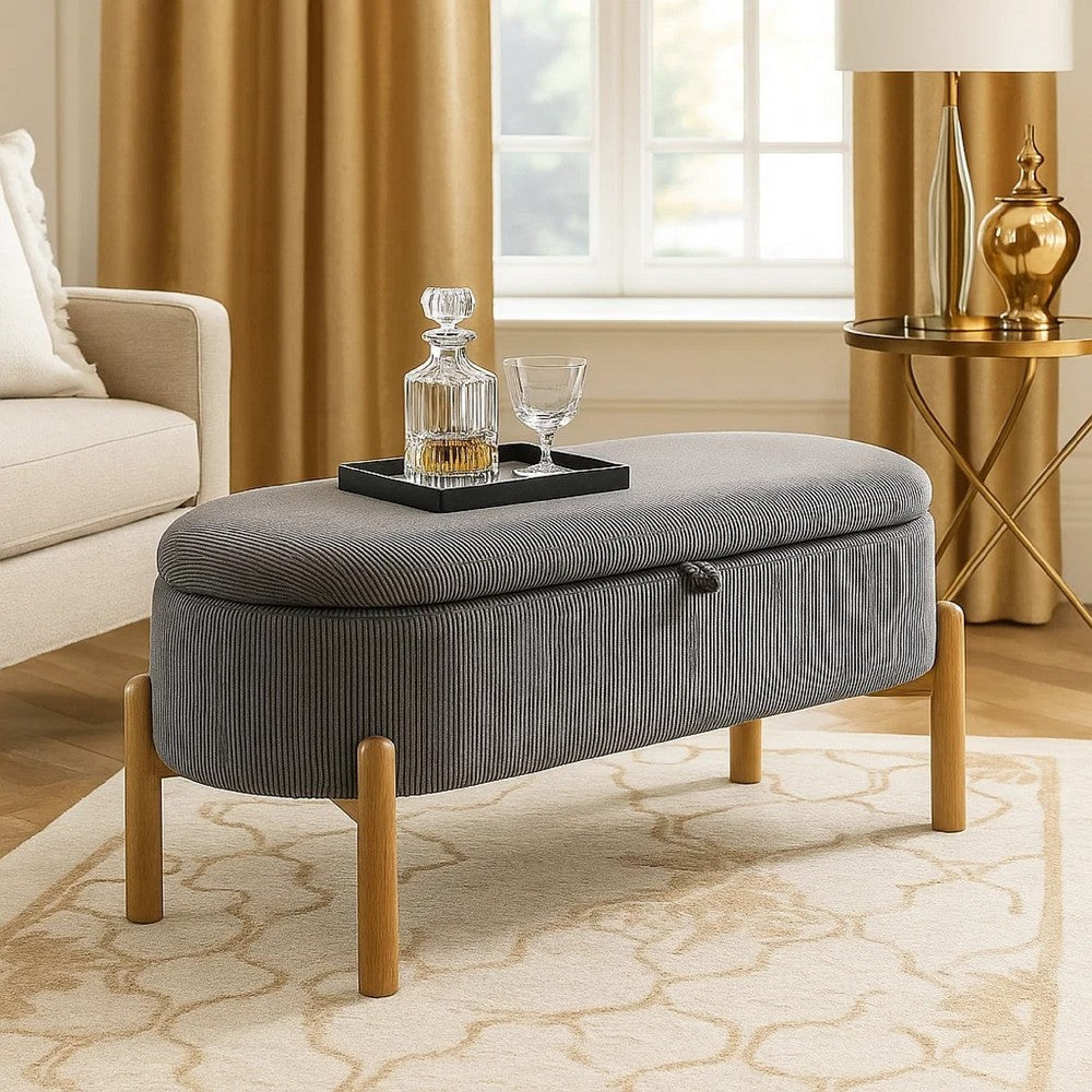Benjara Fian Storage Bench w Lift Top, Natural Brown Legs, Gray Corduroy 42 Inch