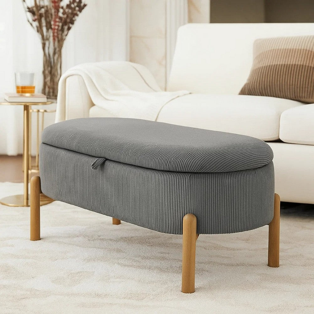 Benjara Fian Storage Bench w Lift Top, Natural Brown Legs, Gray Corduroy 42 Inch