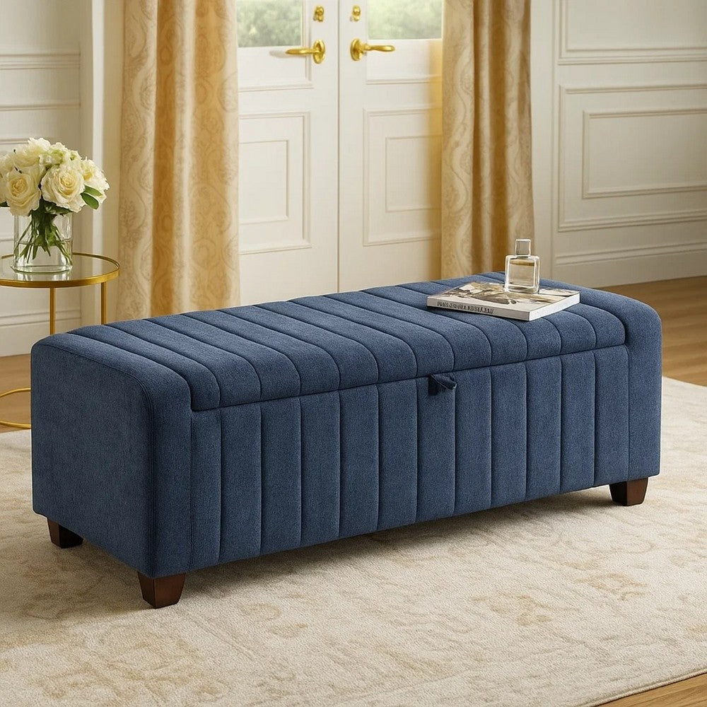 Benjara Doa Storage Bench, Channel Tufted, Blue Boucle Upholstery 50 Inch