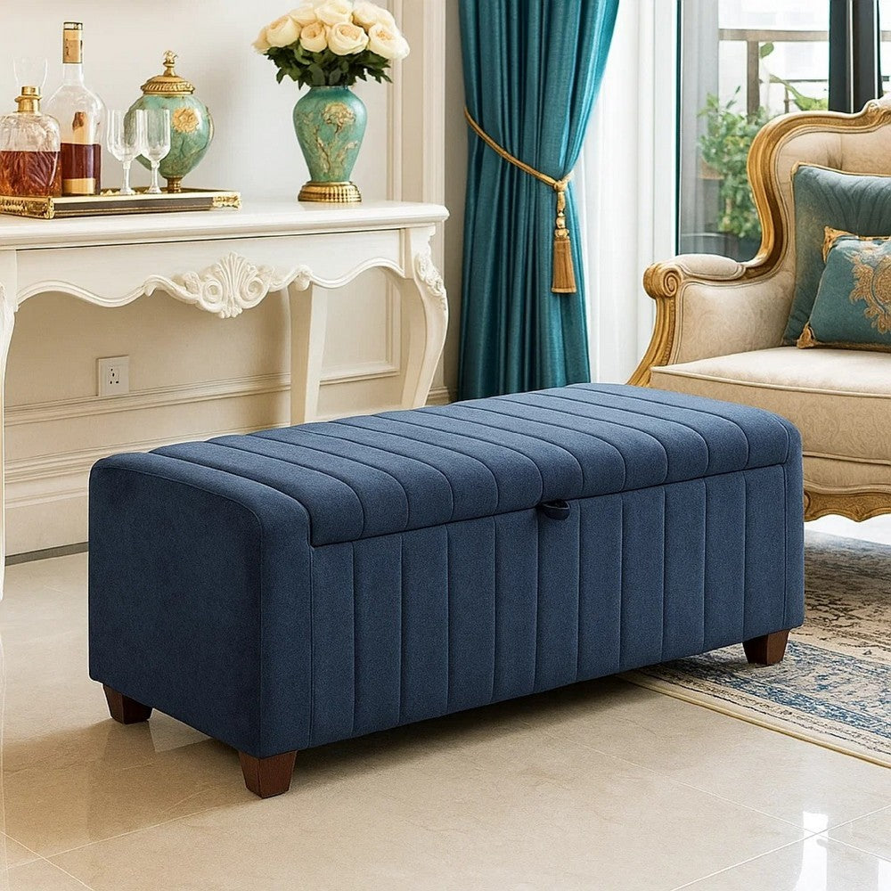 Benjara Doa Storage Bench, Channel Tufted, Blue Boucle Upholstery 50 Inch