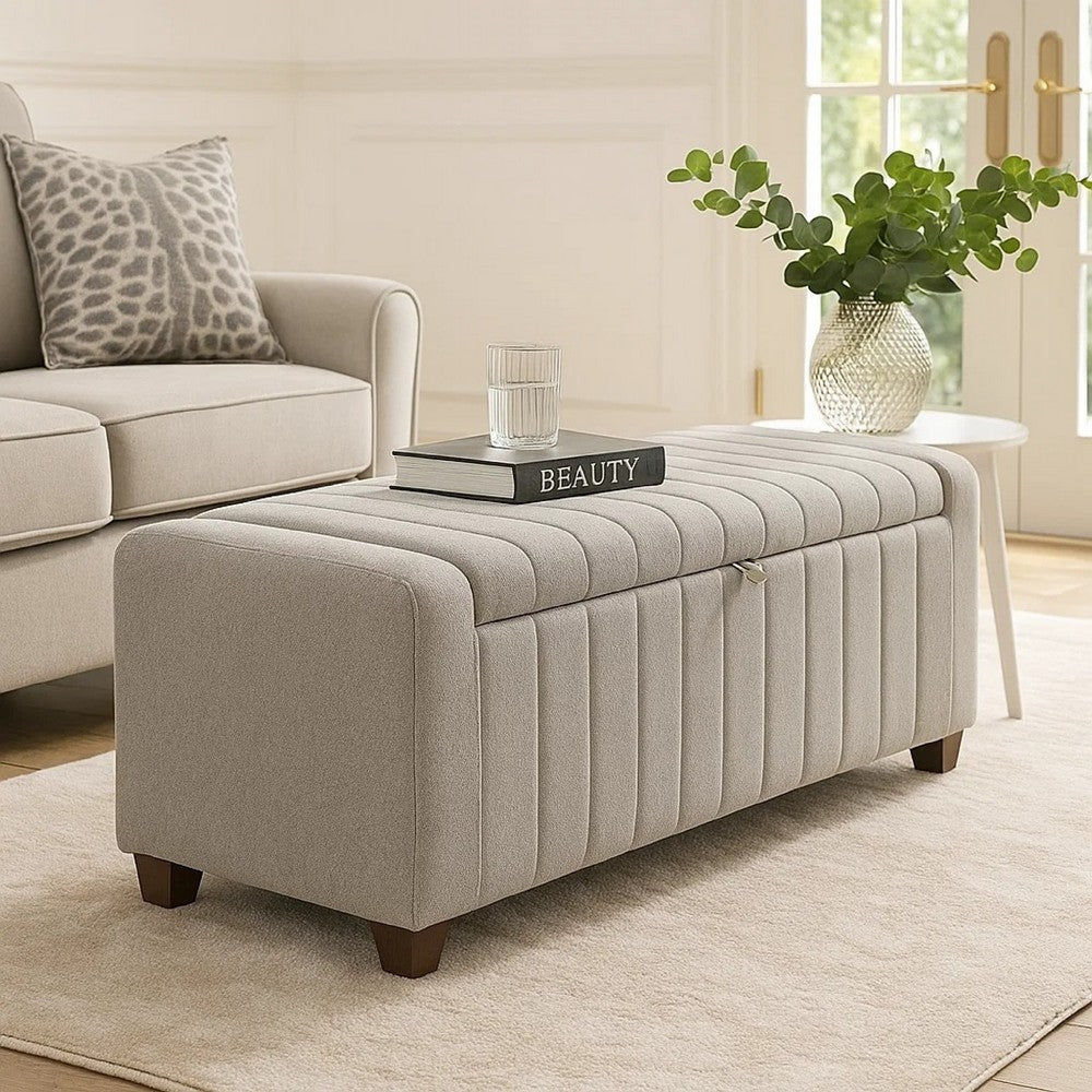 Benjara Doa Storage Bench, Channel Tufted, Gray Boucle Upholstery 50 Inch