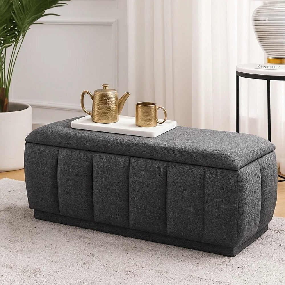 Benjara Jia Storage Bench, Wide Channel Tufted Gray Polyester 47 Inch