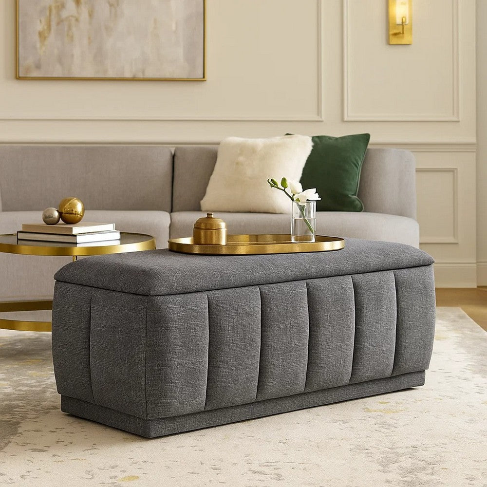 Benjara Jia Storage Bench, Wide Channel Tufted Gray Polyester 47 Inch