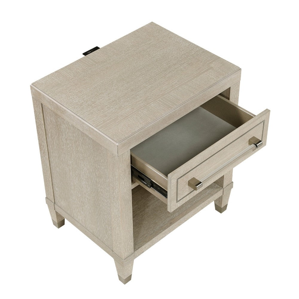 Benjara Olto Nightstand with 1 Drawer, USB Ports, Cubby Shelf, Light Oak Brown